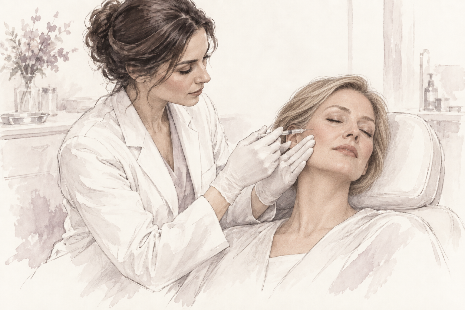 An artistic study of a dermatologist carefully treating a patient’s cheek