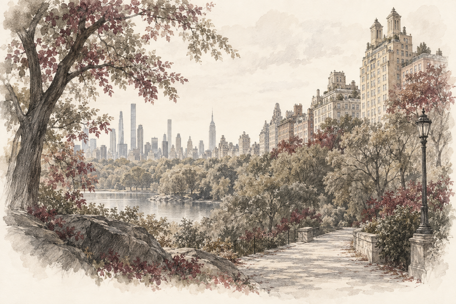 Pencil and watercolor interpretation of Central Park and the Manhattan skyline